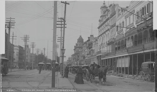 Canal Street in New Orleans seen from the Clay monument, with three animal-powered streetcars standing on the neutral ground track and cast iron galleries fronting the stores along the right side of the street.