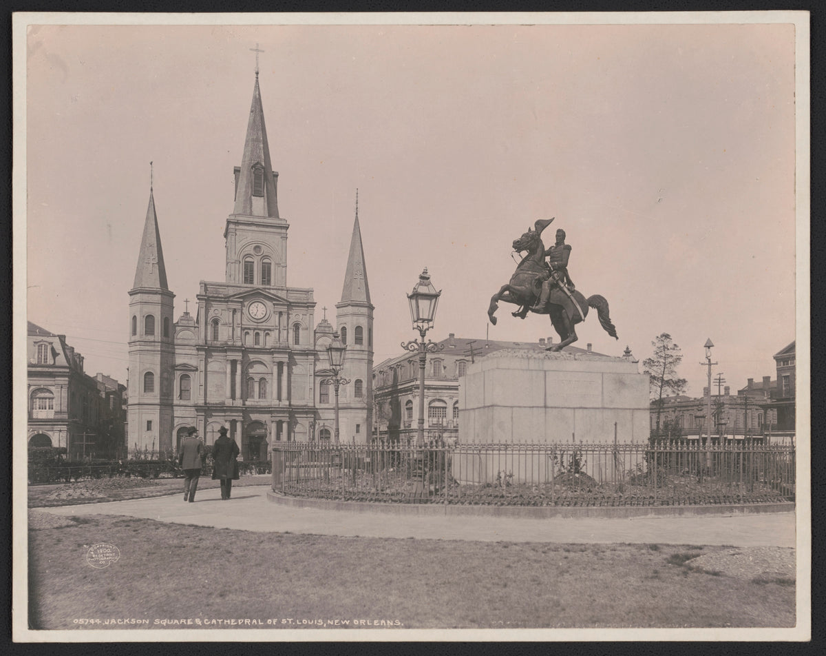 A 1900 photograph of Jackson Square in New Orleans restored in color, showing Clark Mills' equestrian statue of Andrew Jackson in front of the Cathedral of St. Louis, with the Cabildo to the left and the Presbytere to the right.