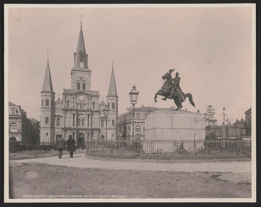 A 1900 photograph of Jackson Square in New Orleans restored in color, showing Clark Mills' equestrian statue of Andrew Jackson in front of the Cathedral of St. Louis, with the Cabildo to the left and the Presbytere to the right.