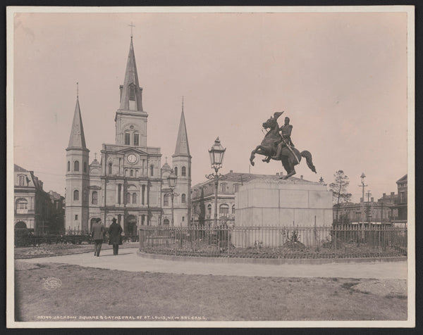A 1900 photograph of Jackson Square in New Orleans restored in color, showing Clark Mills' equestrian statue of Andrew Jackson in front of the Cathedral of St. Louis, with the Cabildo to the left and the Presbytere to the right.